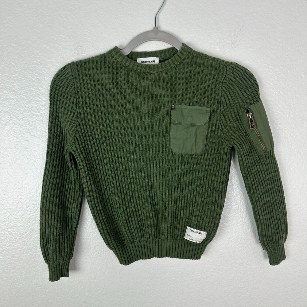 Zadig & Voltaire Boys Knit Crew Neck Sweater 8-12 Green Zip Pockets Casual Winte